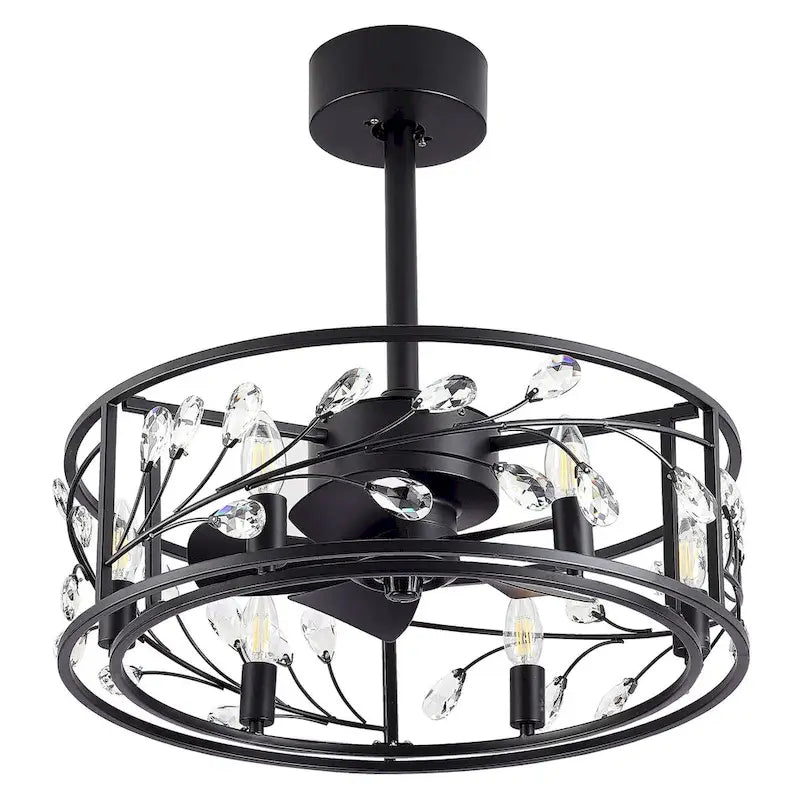 Ventilateur de plafond 20 pouces à cage en cristal noir avec télécommande et éclairage à 6 lumières