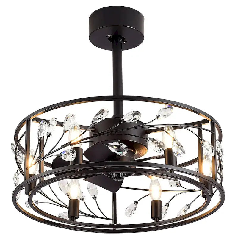 Ventilateur de plafond 20 pouces à cage en cristal noir avec télécommande et éclairage à 6 lumières