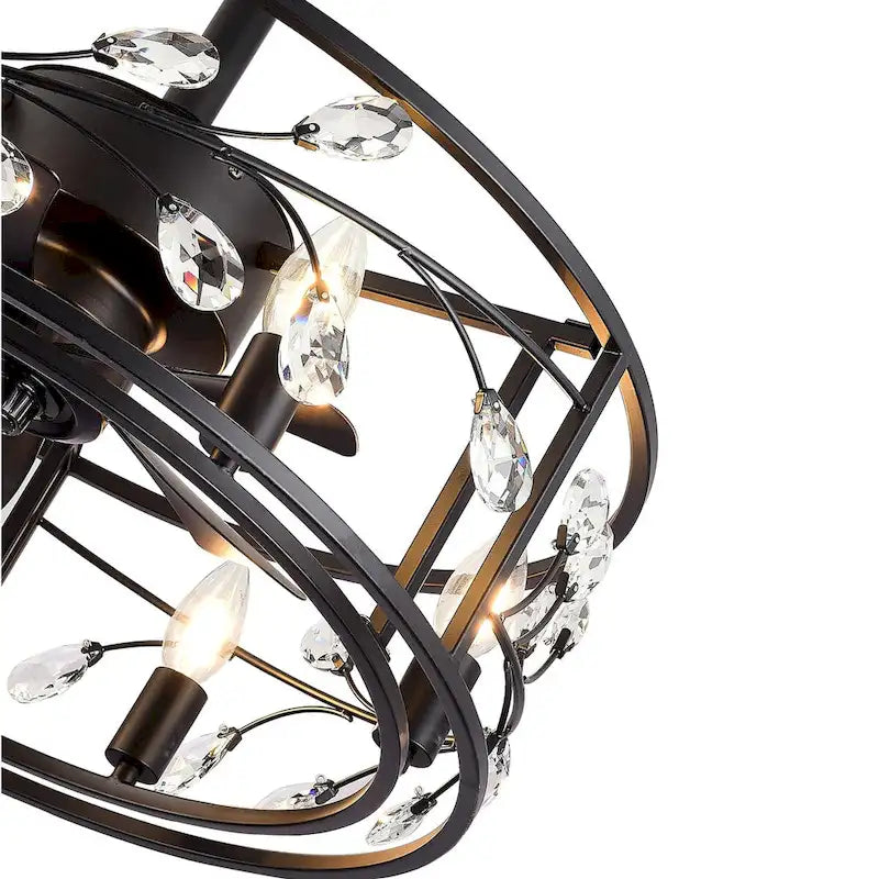 Ventilateur de plafond 20 pouces à cage en cristal noir avec télécommande et éclairage à 6 lumières
