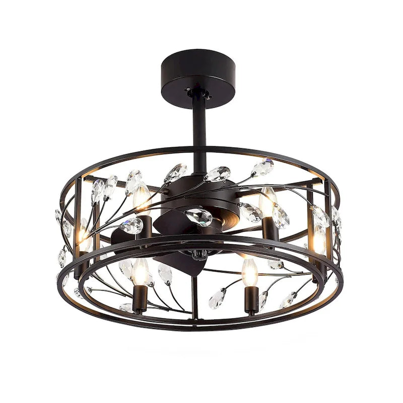 Ventilateur de plafond 20 pouces à cage en cristal noir avec télécommande et éclairage à 6 lumières