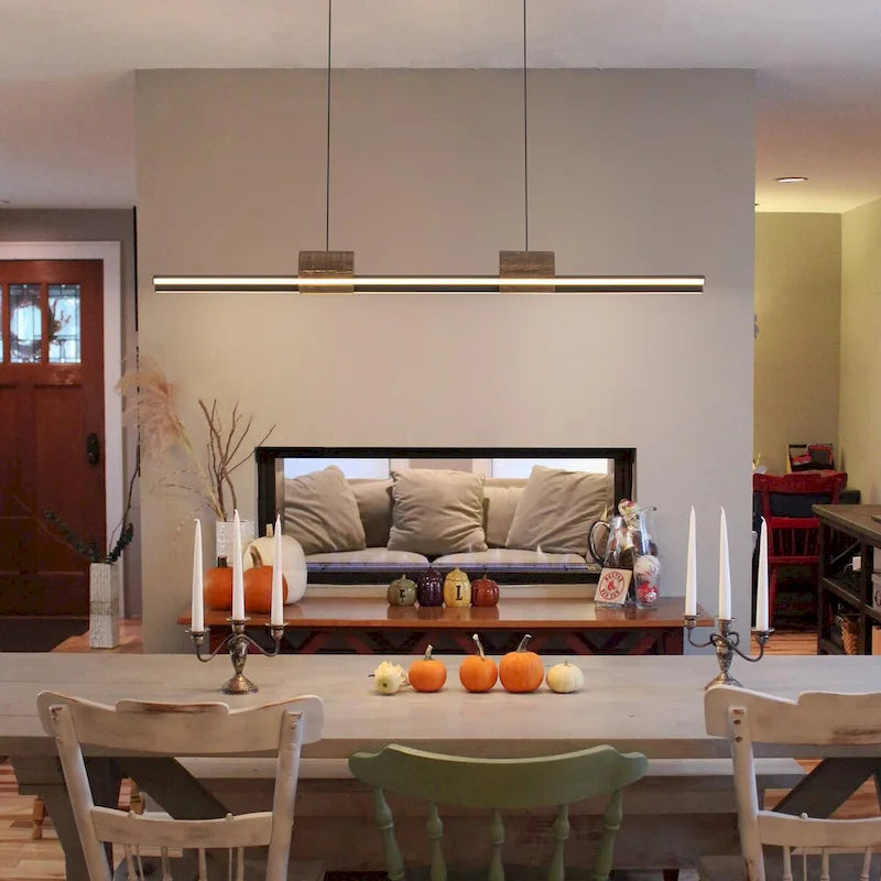 Suspension linéaire LED intégrée à 3 lumières pour îlot de cuisine avec accents en bois - Noir