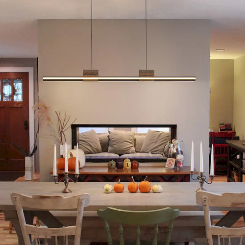 Suspension linéaire LED intégrée à 3 lumières pour îlot de cuisine avec accents en bois - Noir