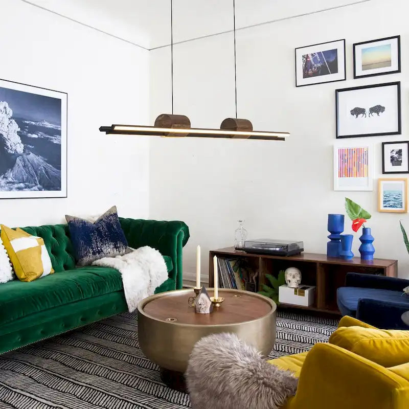 Suspension linéaire LED intégrée à 3 lumières pour îlot de cuisine avec accents en bois - Noir