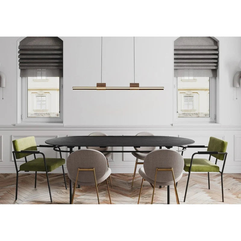 Suspension linéaire LED intégrée à 3 lumières pour îlot de cuisine avec accents en bois - Noir