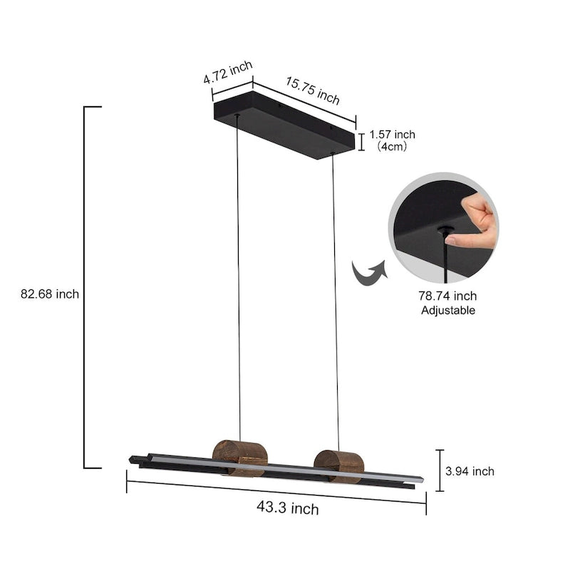 Suspension linéaire LED intégrée à 3 lumières pour îlot de cuisine avec accents en bois - Noir