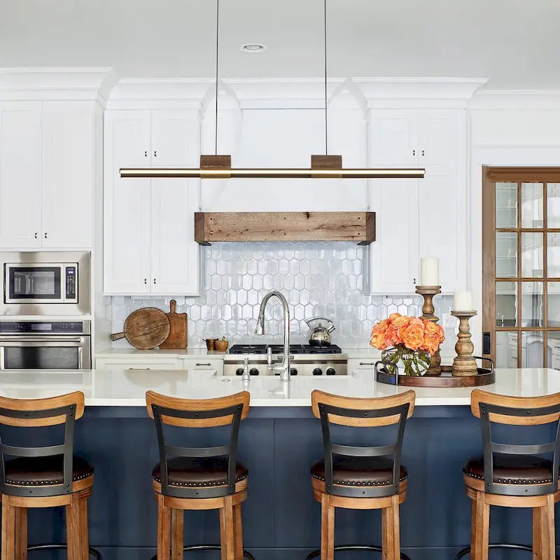 Suspension linéaire LED intégrée à 3 lumières pour îlot de cuisine avec accents en bois - Noir