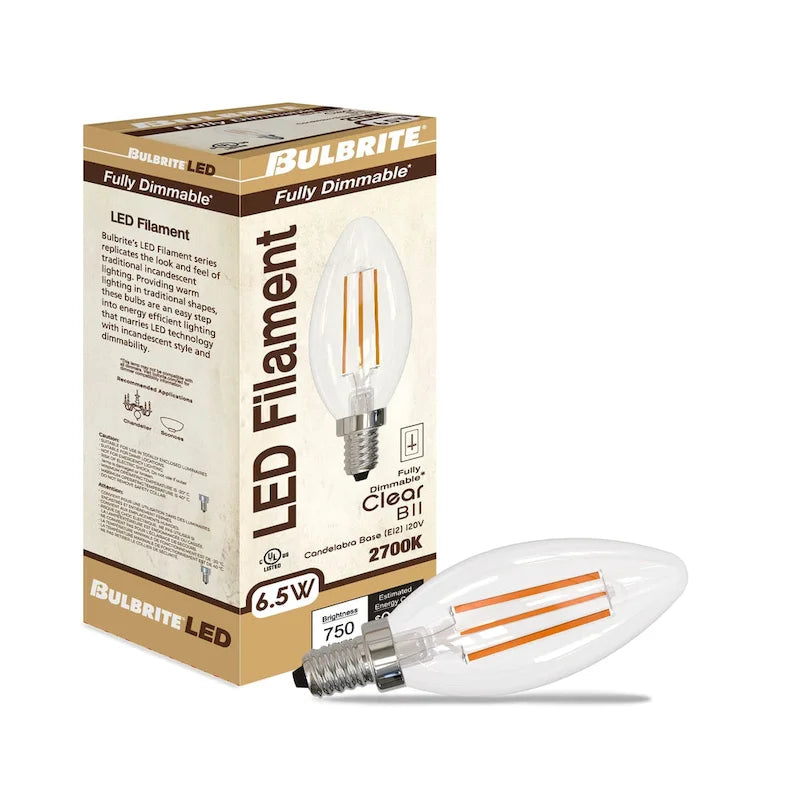 Lot de 4 ampoules LED à filament Bulbrite de 6,5 W, dimmables, culot E26 (E11), finition transparente, lumière blanche chaude