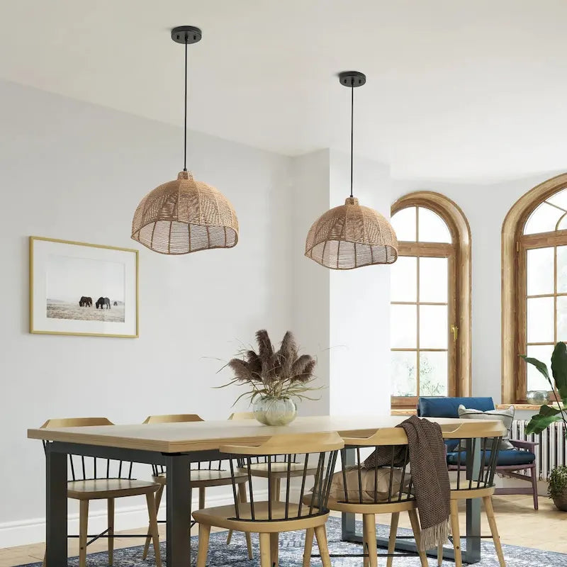 Suspension en corde de papier tressée marron style ferme, à une lumière