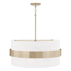 Suspension Sutton à 4 lumières, grand tambour, couleur or doux, avec abat-jour en tissu blanc et diffuseur en verre dépoli