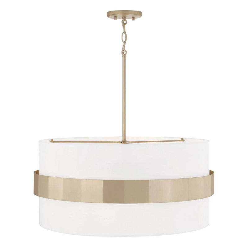 Suspension Sutton à 4 lumières, grand tambour, couleur or doux, avec abat-jour en tissu blanc et diffuseur en verre dépoli