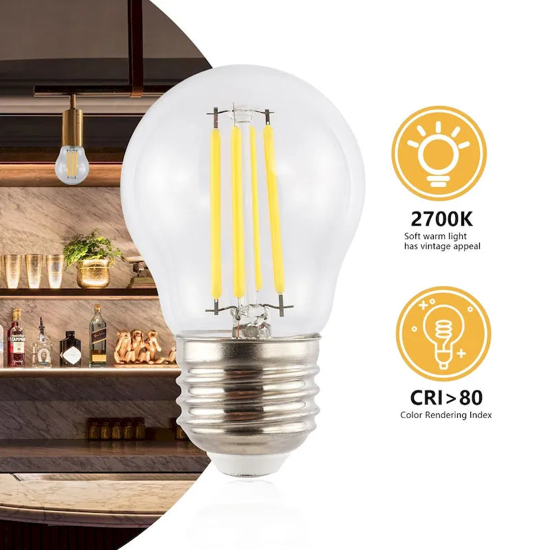 Ampoules LED modernes G45-4W non dimmables en verre Edison avec culot E26, IRC 80+, blanc chaud 2700K, transparentes (lot de 6) par JONATHAN Y