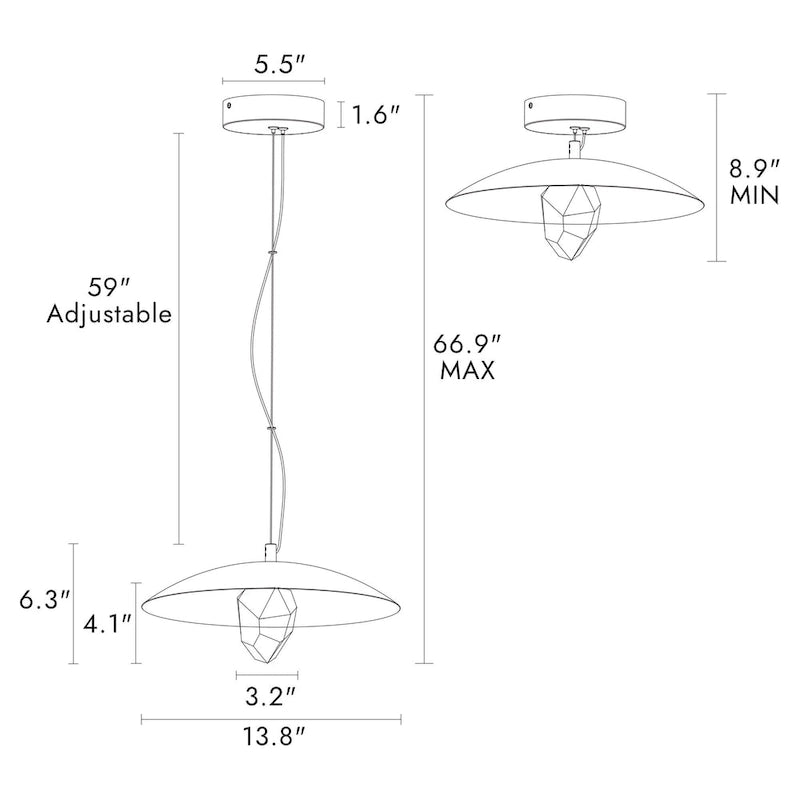 Suspension moderne à LED, 1 lumière, cristal, dôme en métal noir et or, pour îlot central - Diamètre 13,8 x Hauteur 6,3 cm