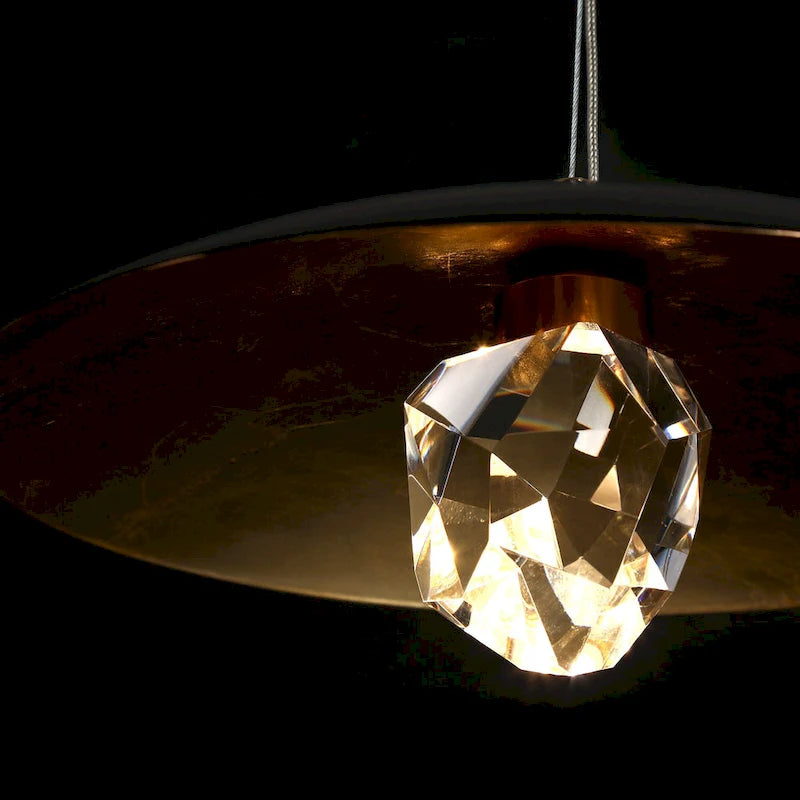 Suspension moderne à LED, 1 lumière, cristal, dôme en métal noir et or, pour îlot central - Diamètre 13,8 x Hauteur 6,3 cm