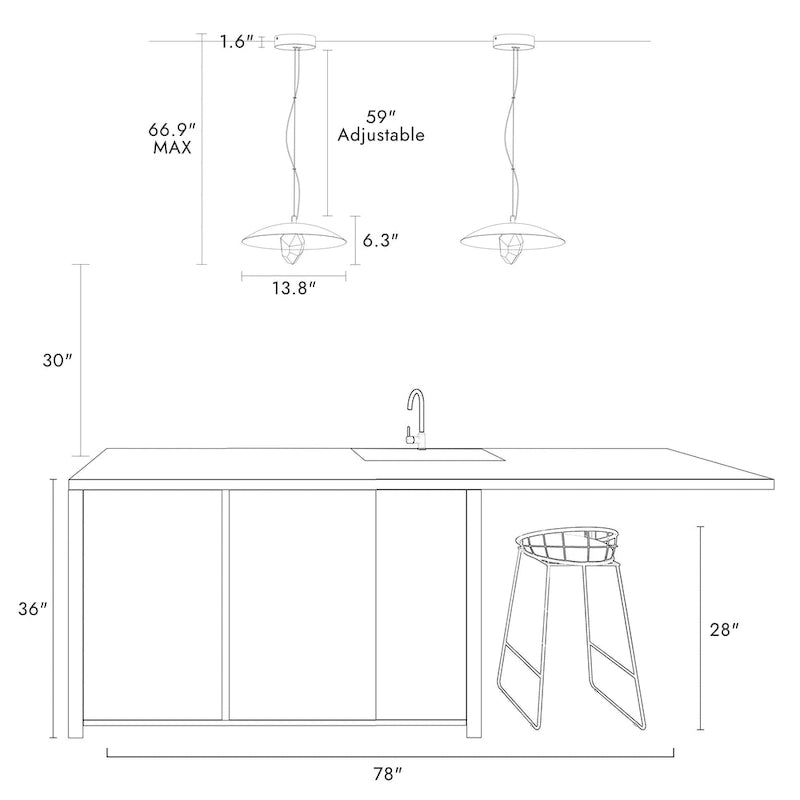 Suspension moderne à LED, 1 lumière, cristal, dôme en métal noir et or, pour îlot central - Diamètre 13,8 x Hauteur 6,3 cm