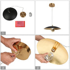 Suspension moderne à LED, 1 lumière, cristal, dôme en métal noir et or, pour îlot central - Diamètre 13,8 x Hauteur 6,3 cm