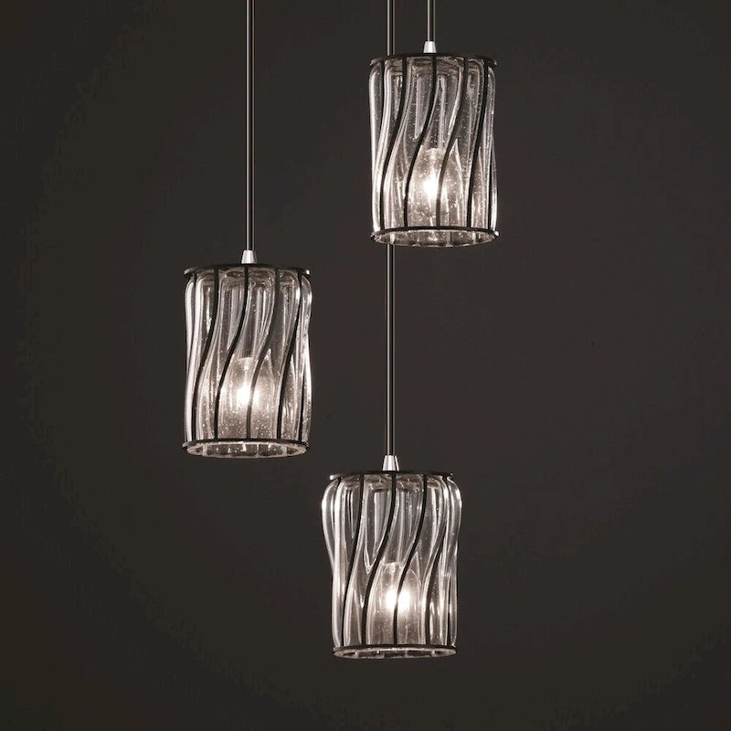 Suspension Justice Design en verre filigrané chromé poli, motif cylindrique à bulles transparentes