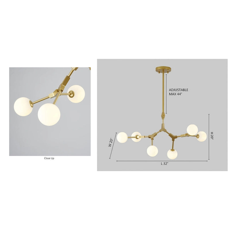 Suspension en fer doré à 6 lumières avec abat-jour en verre blanc