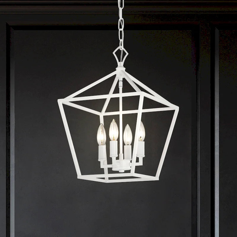 Renzo 12 in. 4-Light Farmhouse White Pendant Light with Caged Metal Shade - N/A