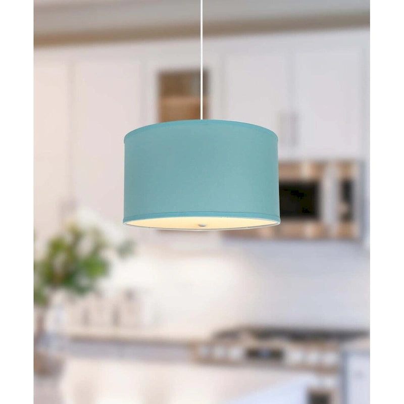 Suspension 16 W à 2 lumières Island Paradise, abat-jour tambour en lin avec diffuseur, cordon blanc