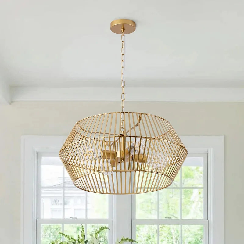 Suspension lanterne géométrique vintage dorée à 4 lumières en fer plat