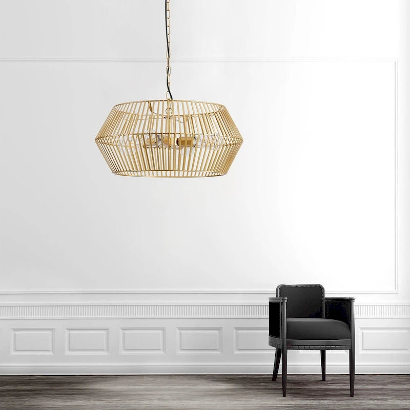 Suspension lanterne géométrique vintage dorée à 4 lumières en fer plat