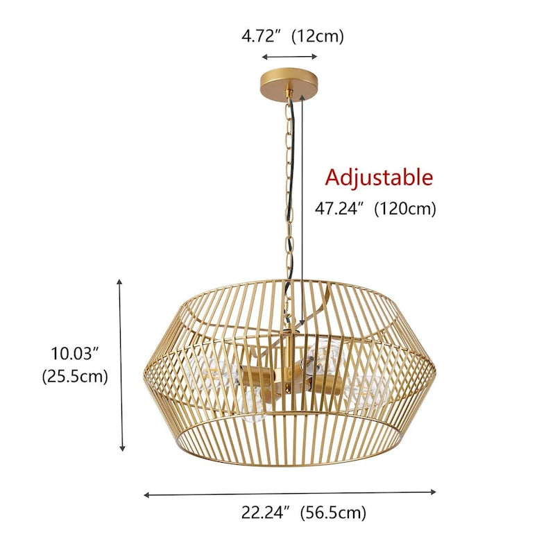 Suspension lanterne géométrique vintage dorée à 4 lumières en fer plat