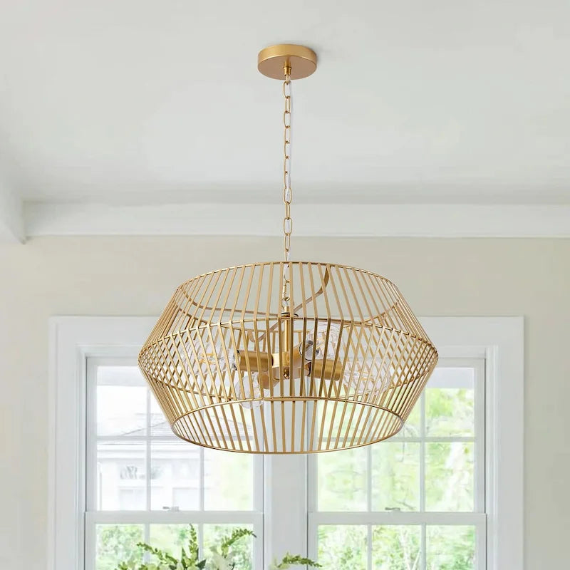 Suspension lanterne géométrique vintage dorée à 4 lumières en fer plat