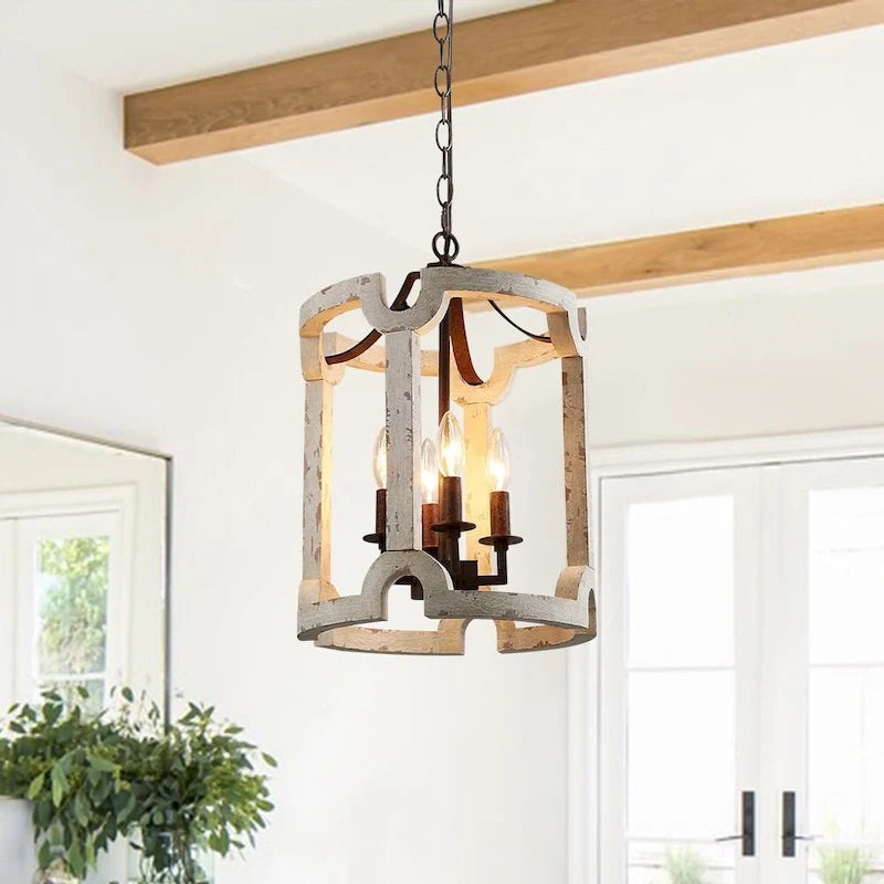 Lustre lanterne cylindrique blanc vieilli à 4 lumières - Blanchi