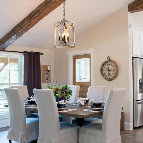 Lustre lanterne cylindrique blanc vieilli à 4 lumières - Blanchi