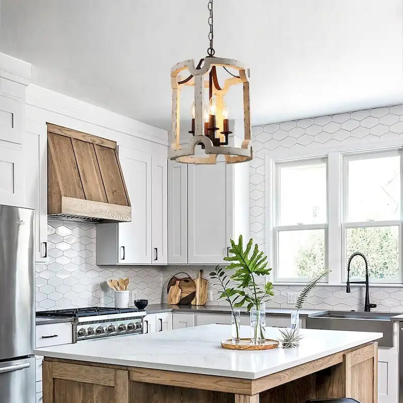 Lustre lanterne cylindrique blanc vieilli à 4 lumières - Blanchi