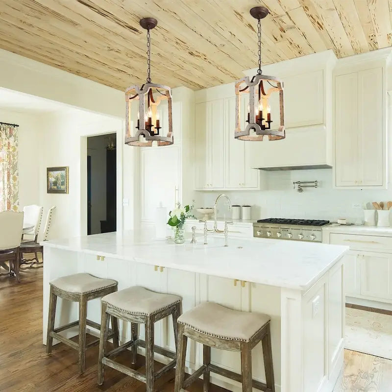 Lustre lanterne cylindrique blanc vieilli à 4 lumières - Blanchi