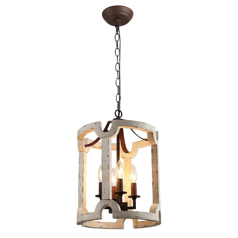 Lustre lanterne cylindrique blanc vieilli à 4 lumières - Blanchi