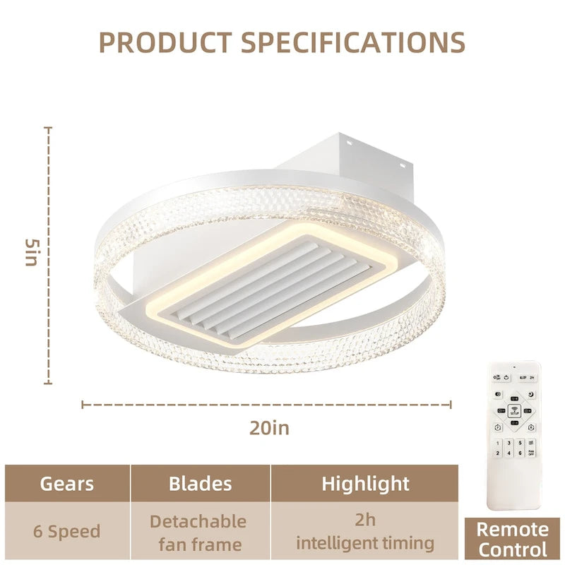 20inch Modern Leafless Ceiling Fan with Remote Control Removable and Washable, Reversible Motor