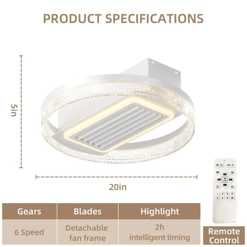 20inch Modern Leafless Ceiling Fan with Remote Control Removable and Washable, Reversible Motor