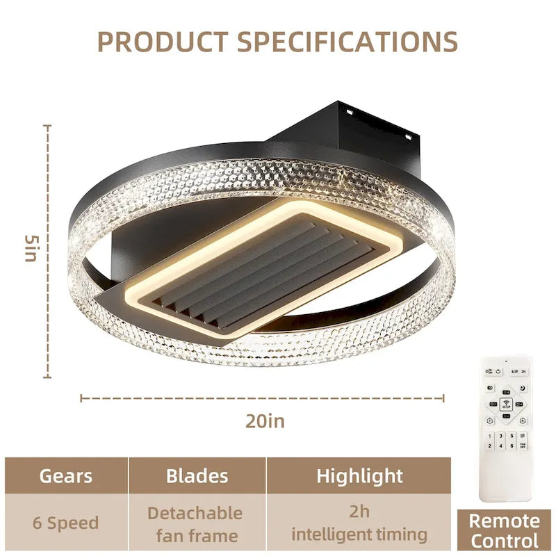 Ventilateur de plafond moderne sans pales de 50 cm (20 pouces) avec télécommande, moteur amovible et lavable, réversible