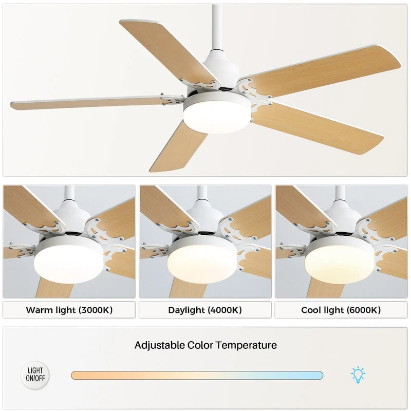 Ventilateur de plafond moderne 42 pouces avec éclairage à intensité variable 3 couleurs, 5 pales, télécommande et moteur CC réversible.